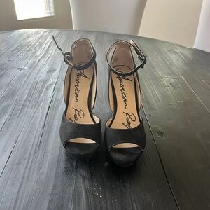 American Rag Black Suede Peep Toe Chunky Pumps Size 7 Wide, Ankle  Strap